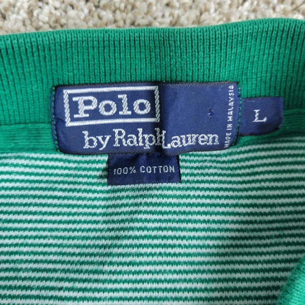 Vintage Polo‎ Ralph Lauren Mens Large Green White Striped Stretch Knit SS